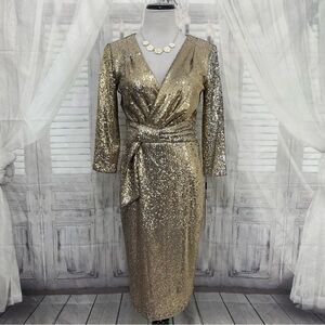 Calvin Klein Gold V-Neck Faux Wrap Sequin Mesh Dress 3/4 Sleeve Sheath Coktail